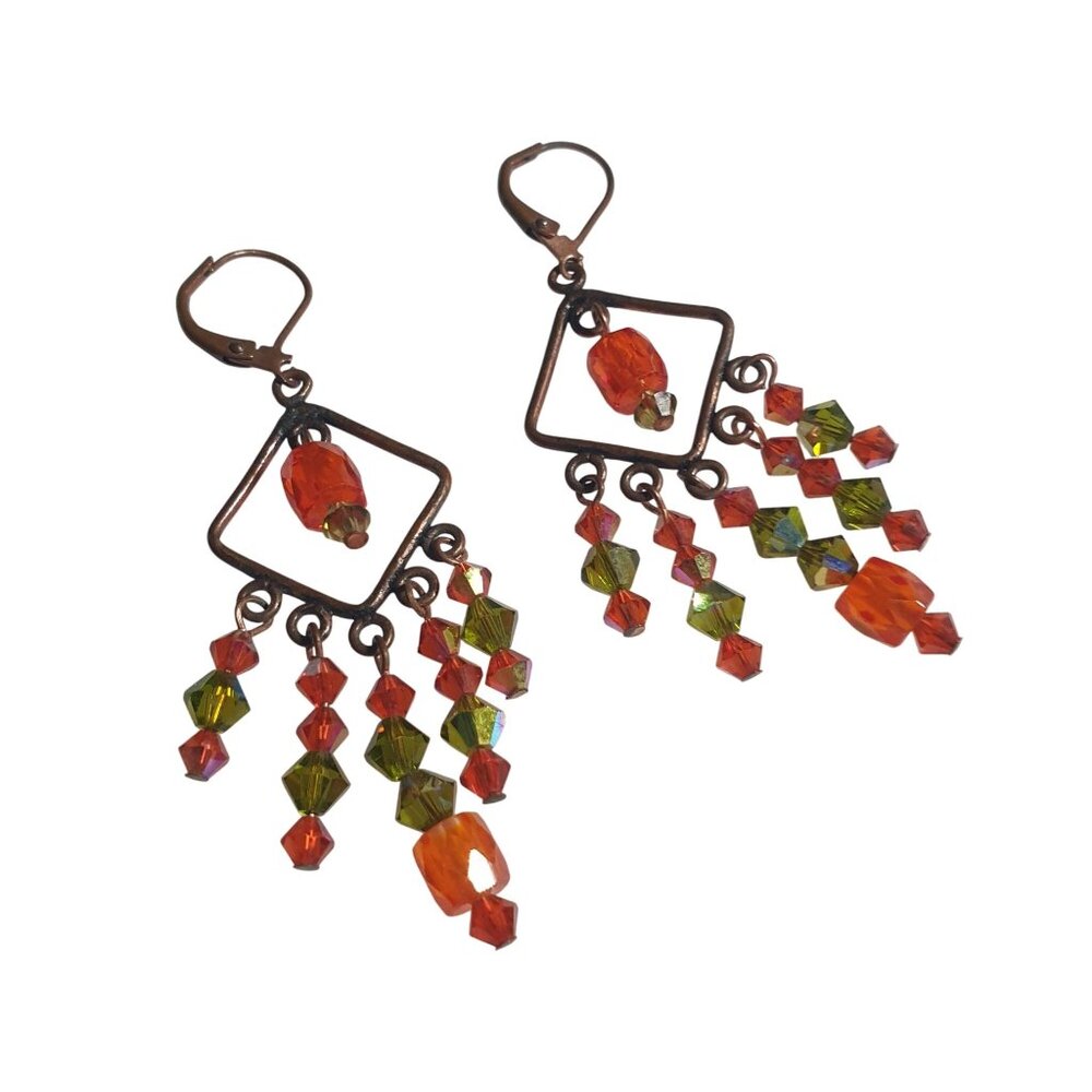Handmade Dangle Drop Crystal Earrings Orange Green Beaded Leverback Square
